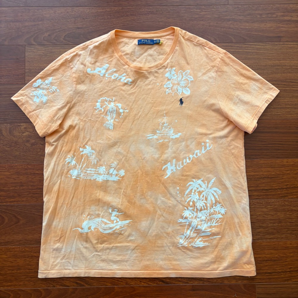Polo Ralph Lauren Mens XL Orange Tie Dye Hawaii Aloha Graphic T-Shirt Surf Pony